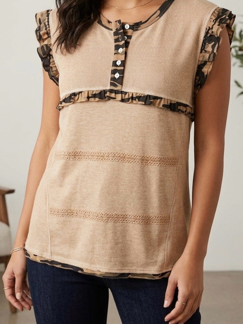 POL Mixed Media Boho Top - Tan & Camo Trim - Size Small